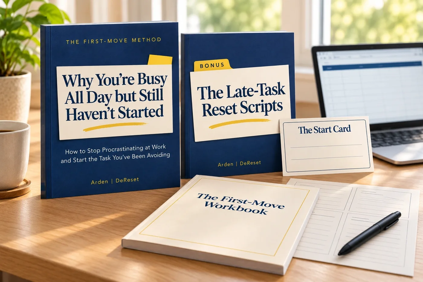 Everything together on a desk: the guide, the bonus scripts, the Start Card, the workbook and a laptop showing the tracker.