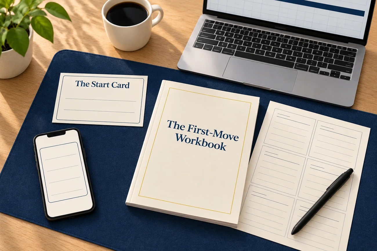 The Start Card, the First-Move Workbook, a phone showing the card and a laptop showing a spreadsheet, laid out on a desk mat.