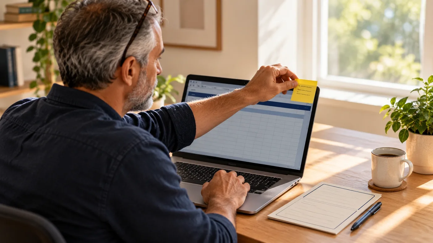 A man at a home-office desk presses a small sticky note onto the edge of his laptop screen, with a printed card beside the keyboard.